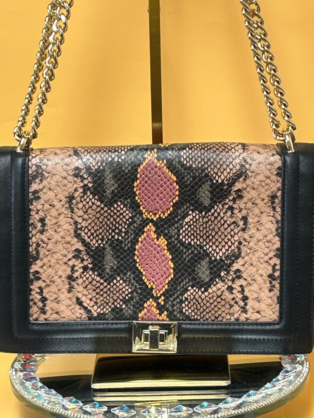 INC. Snake Print Chain Shoulder Bag - Black & Pink Approx. 11 x 7 x 2.5